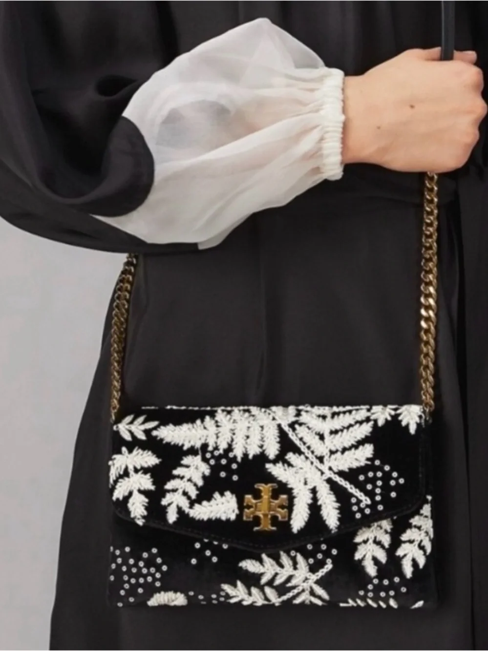 Tory Burch Black Velvet Crossbody with White Fern Embroidery & Gold Chain Strap